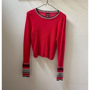 Long Sleeve Midriff Sweater (Red with Black/Gray/White Design) Size 10
